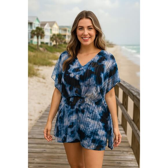 Lane Bryant Tops - Lane Bryant Tie Dye Kimono Tunic Top Womens Size 10 12 Poncho Semi-Sheer Blue